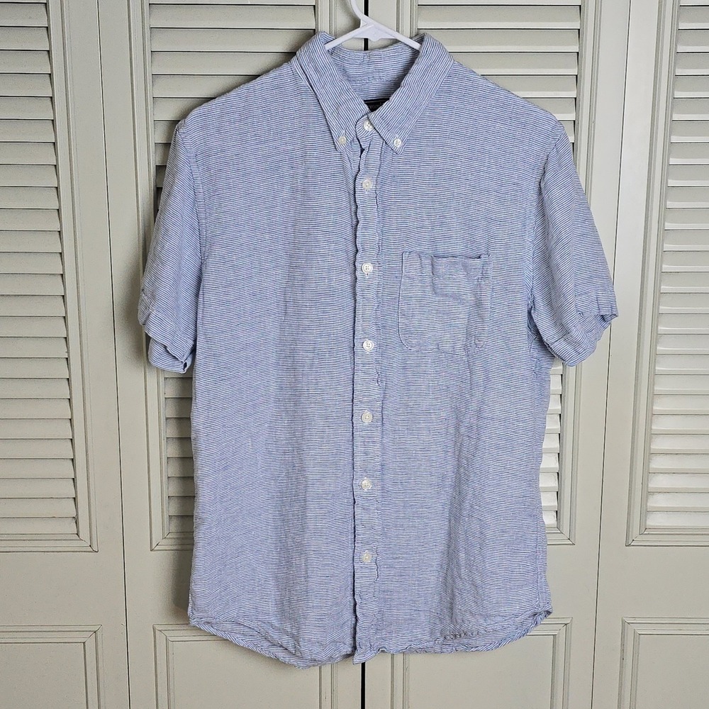 Abercrombie & Fitch Linen Shirt Mens M Blue Stripe Button Up Summer‎